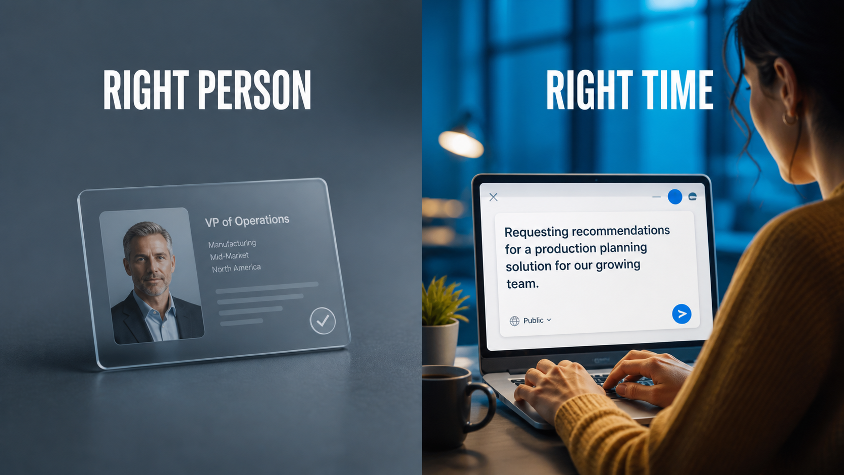 Campaign artwork: a fit-versus-timing matrix titled Right Person. Right Time.